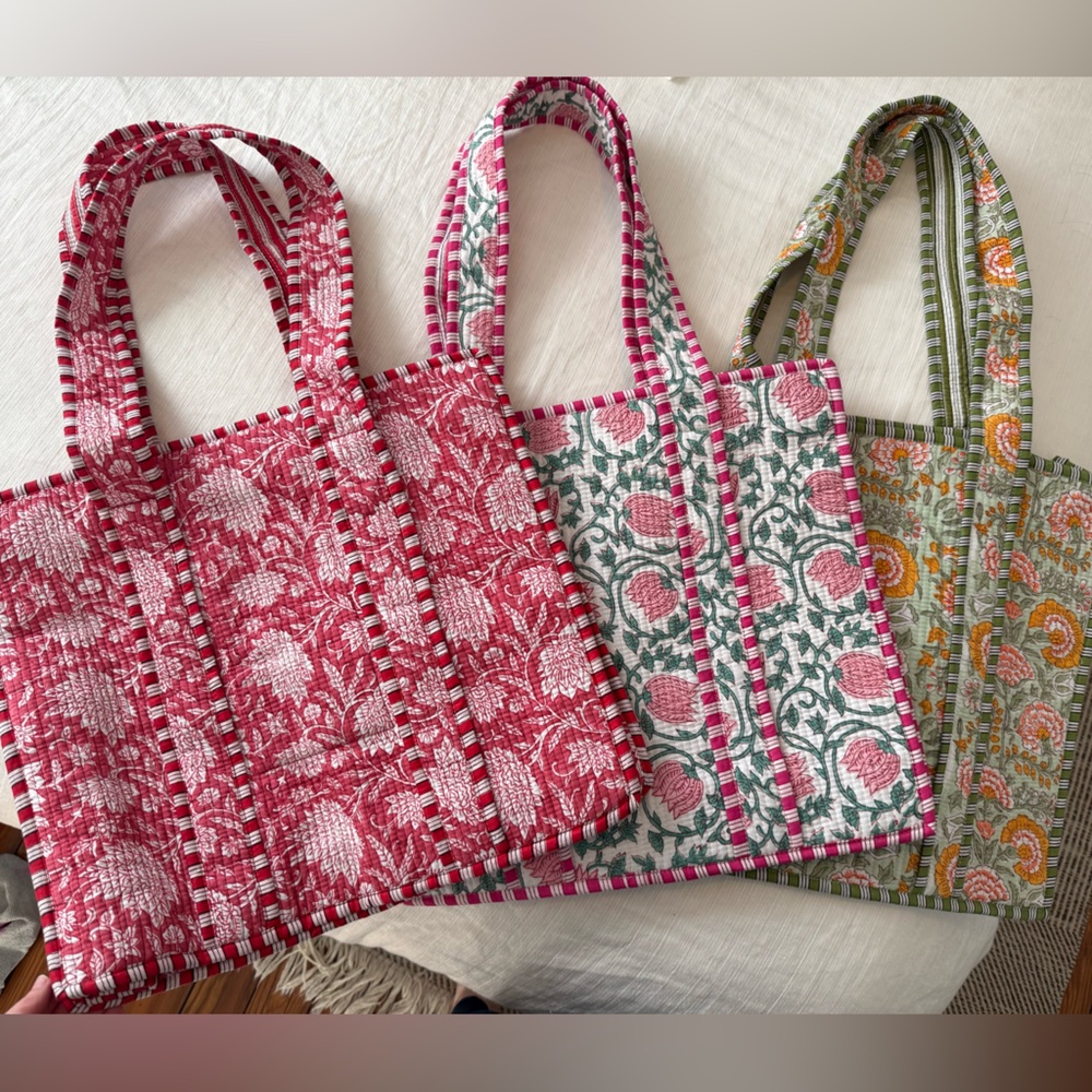Floral Patterned Tote Bag Set - Red, Green/Pink, and Green/Yellow